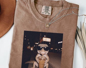 Comfort Colors® Cool Gecko Drinking Iced Coffee Shirt, Funny Lizard Sunglasses Tee, Animal Lover Gift, Cute Reptile Graphic Shirt, Quirky