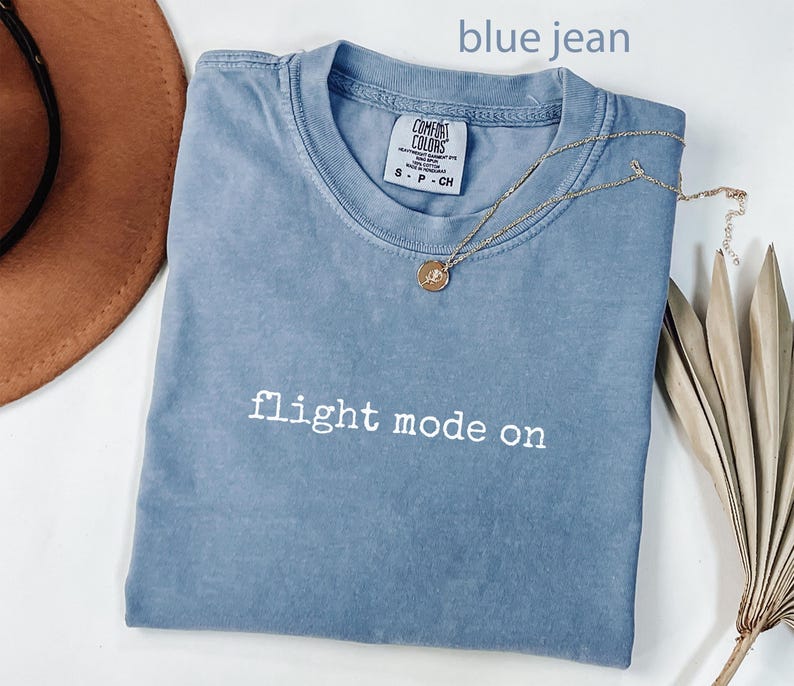 Flight mode on blue jean t-shirt, comfy casual graphic tee, trendy unisex shirt, travel themed clothing, relaxed fit top