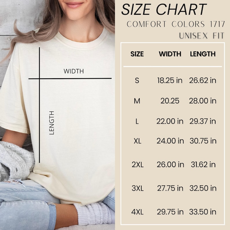Comfort Colors 1717 unisex fit size chart with width and length measurements.