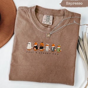 May include: An espresso-coloured t-shirt featuring a graphic of six foxes in various Halloween costumes, including a ghost, vampire, pumpkin, mummy, skeleton, and green outfit, with the text "JUST A SPOOKY FOX" printed below the characters.
