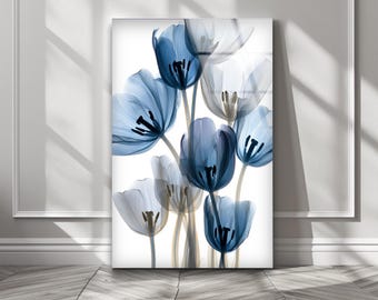 Blue Tulip Tempered Glass Wall Art: Abstract Floral Decor, Oil Painting Style