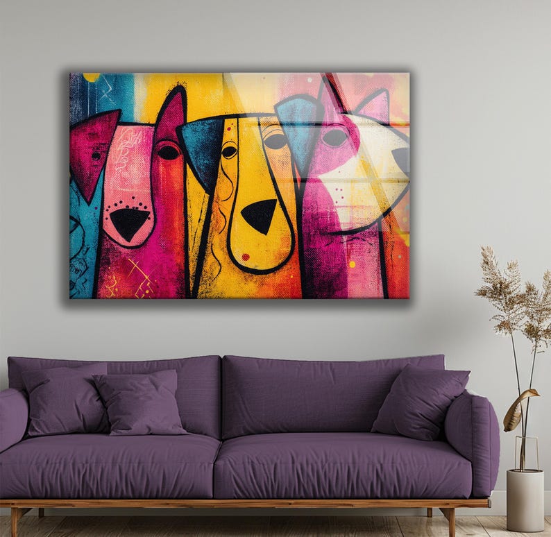 Pop Art Dogs Tempered Glass Wall Decor: Modern Colorful Home Arts