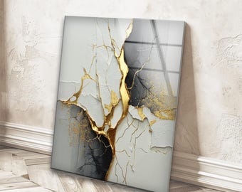 Abstract Kintsugi Tempered Glass Wall Art, Gold Marble Wall Decor, Luxury Wall Art, Tempered Glass Print, Contemporary Decor