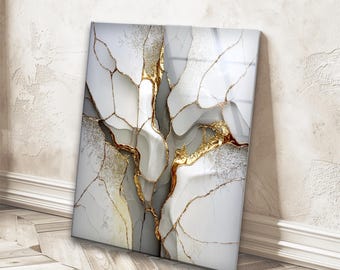 Arte mural abstracto Kintsugi en vidrio templado, decoración de pared de mármol dorado, arte mural de lujo, impresión en vidrio templado, decoración contemporánea
