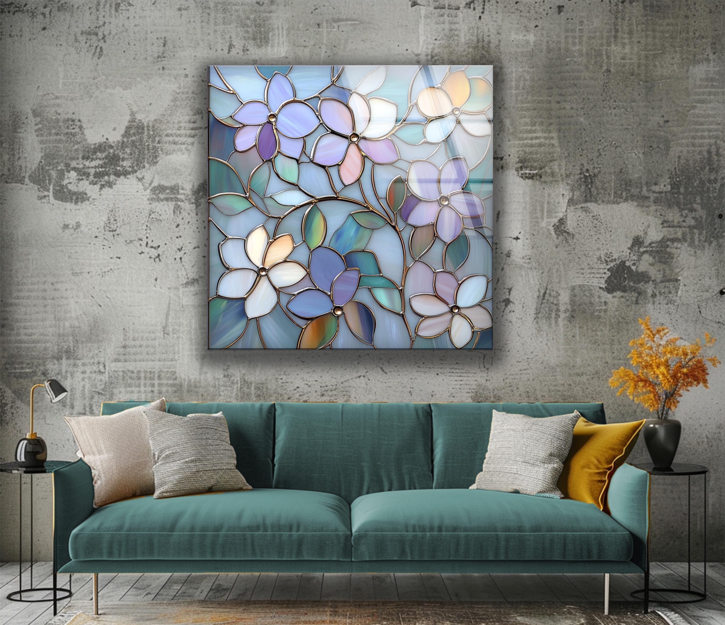 Floral Stained Glass Style Tempered Glass Wall Art, Modern Home Decor ...