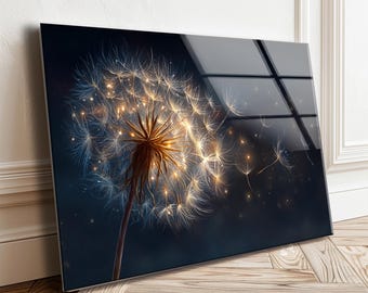 Dandelion Tempered Glass Wall Art, Sparkling Floral Decor, Modern Printing