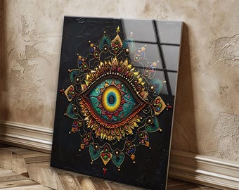 Mystical Evil Eye Tempered Glass Wall Art, Turquoise Gold Mandala Decor, Boho Spiritual Home Decor