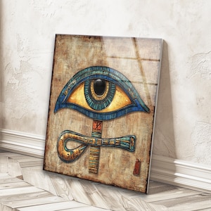 Oeuvre d'art murale en verre trempé Horus Eye : décoration de style égyptien, couleurs vives, impression UV, ambiance luxueuse