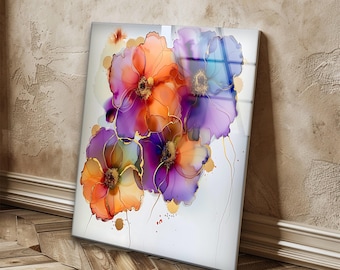 Floral Tempered Glass Wall Art, Stained Style Decor, Oil Painting Look