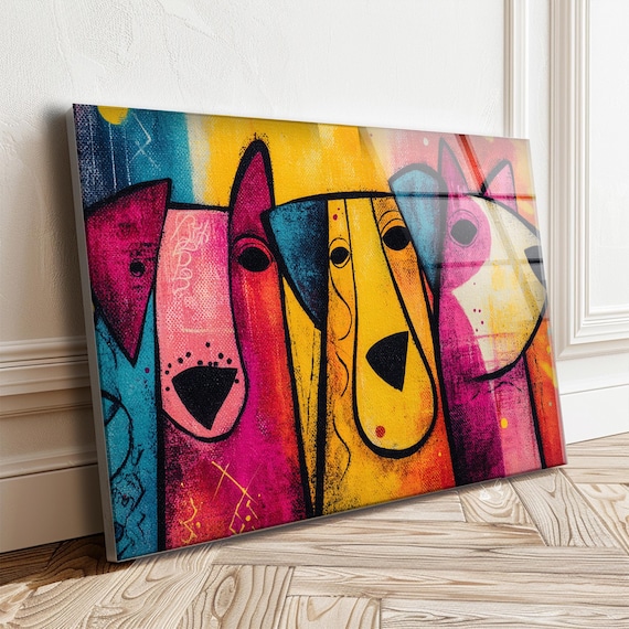 Pop Art Dogs Tempered Glass Wall Decor: Modern Colorful Home Arts