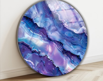 Blue Purple Agate Glass Wall Art, Round Tempered Glass Print, Abstract Marble Look Decor