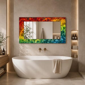 Rainbow Mosaic Tempered Glass Mirror, Modern Wall Art Decor, Purple Green Marble Design
