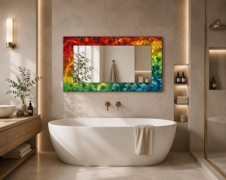 Rainbow Mosaic Tempered Glass Mirror, Modern Wall Art Decor, Purple Green Marble Design