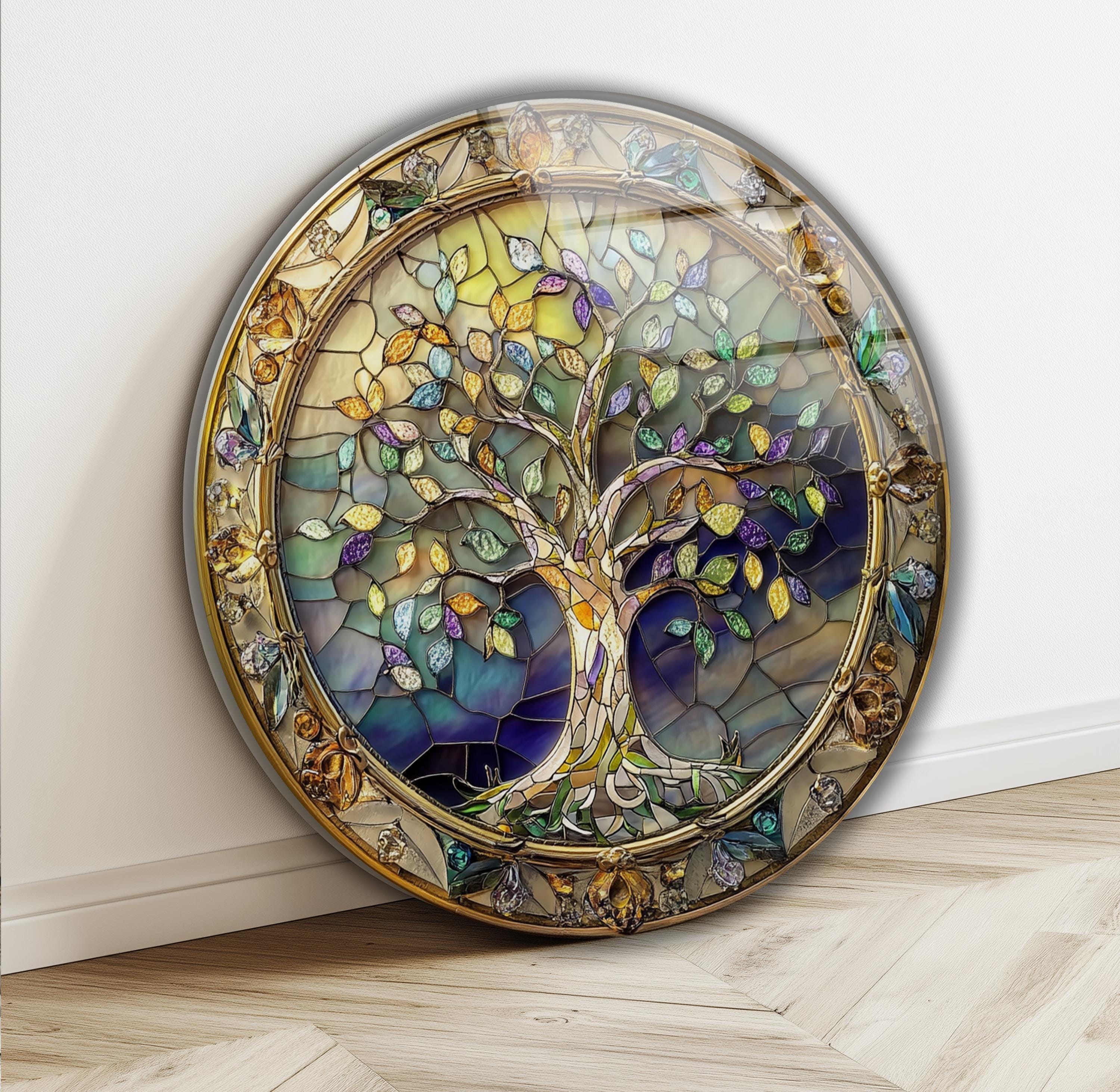 Tree of Life Tempered Glass Wall Art: Large Round Wall Decor, Living