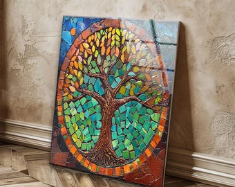 Mosaic Tree of Life Tempered Glass Wall Art: UV Print Home Decor