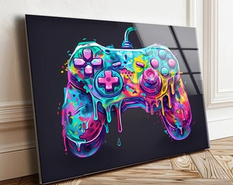 Neon Gaming Controller Tempered Glass Wall Art, Gamer Room Decor for Teens and Kids, Colorful Game Room Gift