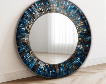 Blue Mosaic Tempered Glass Wall Mirror, Modern Wall Art Decor