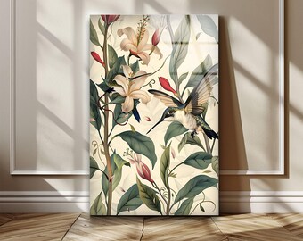 Botanical Tempered Glass Wall Art: Vintage Home Decor, Hummingbird Wall Decor