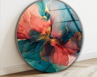 Round Abstract Tempered Glass Wall Art, Teal Coral Artwork, Modern Marble Design