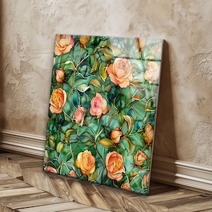 Rose Floral Tempered Glass Wall Art: Modern Stained Look Print