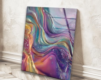 Metallic golven abstracte kunst aan de muur van gehard glas: geometrisch interieur, hedendaagse kunst, wanddecoratie van gehard glas, kunst aan de muur kantoor