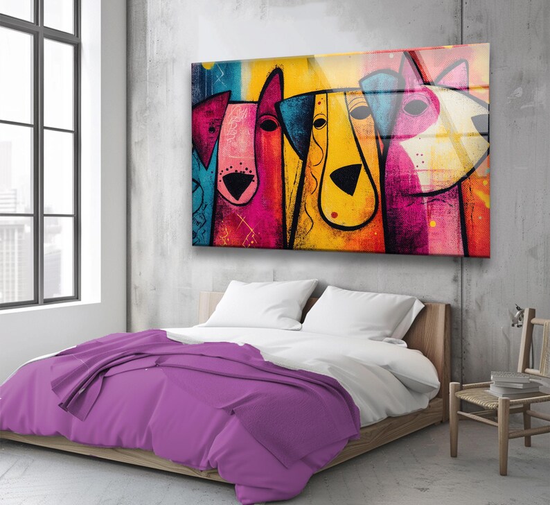 Pop Art Dogs Tempered Glass Wall Decor: Modern Colorful Home Arts