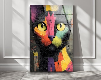 Colorful Abstract Cat Tempered Glass Wall Art, Pop Art Cat Portrait, Whimsical Pet Wall Decor
