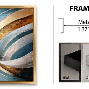 The image is a framed artwork with a gold frame, depicting abstract swirls in blue, gold, and black colors. The frame options include a metal frame with dimensions of 1.37" (3.5 cm).