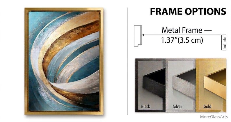 The image is a framed artwork with a gold frame, depicting abstract swirls in blue, gold, and black colors. The frame options include a metal frame with dimensions of 1.37" (3.5 cm).