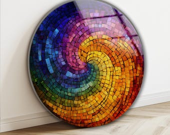 Mosaic Style Abstract Tempered Glass Wall Art: Round Home Decor, Stained Glass Look