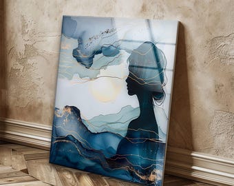 Blue Gold Marble Look Abstract Tempered Glass Wall Art: Kintsugi Style Home Decor
