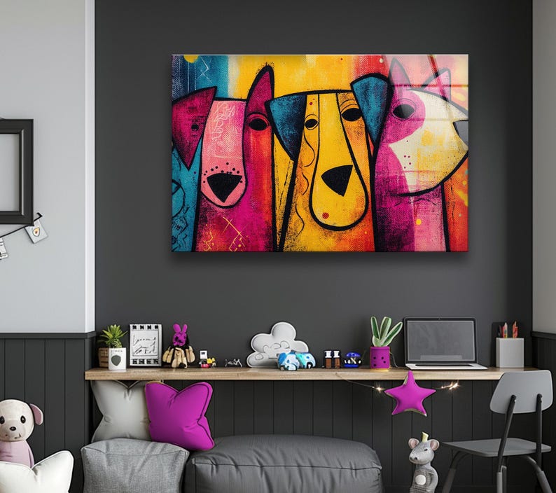 Pop Art Dogs Tempered Glass Wall Decor: Modern Colorful Home Arts