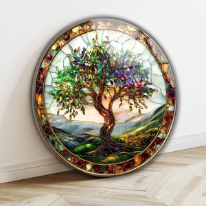 Árbol de la Vida en Vidrio Templado, Estilo Mosaico Vidriado, Decoración de Pared: Forma Redonda, Arte Espiritual
