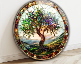 Stained Mosaic Style Tree of Life Tempered Glass Wall Art: Round Shape Home Decor, Spiritual Arts