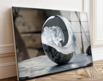 Black and White Ocean Wave Tempered Glass Wall Art, Modern Minimalist Seascape Decor