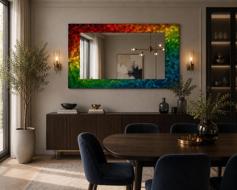 Rainbow Mosaic Tempered Glass Mirror, Modern Wall Art Decor, Purple Green Marble Design