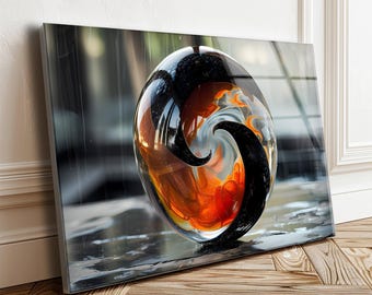 Orange and Black Wave Tempered Glass Wall Art, Abstract Sphere Tempered Glass Decor