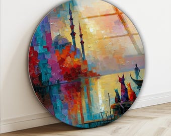 Cat Cityscape Tempered Glass Wall Art, Colorful Sunset Over Water, Tempered Glass Decor,