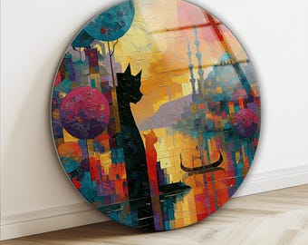 Cat Cityscape Tempered Glass Wall Art, Colorful Sunset Over Water, Tempered Glass Decor,