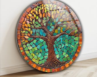 Mosaic Style Tree of Life Tempered Glass Wall Art: Spiritual Round Decor