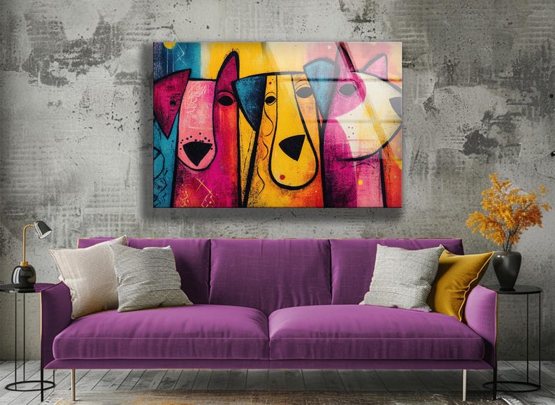 Pop Art Dogs Tempered Glass Wall Decor: Modern Colorful Home Arts