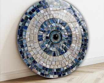Blue Evil Eye Tempered Glass Wall Art, Round Nazar Home Decor, Mosaic Look Tempered Glass Print