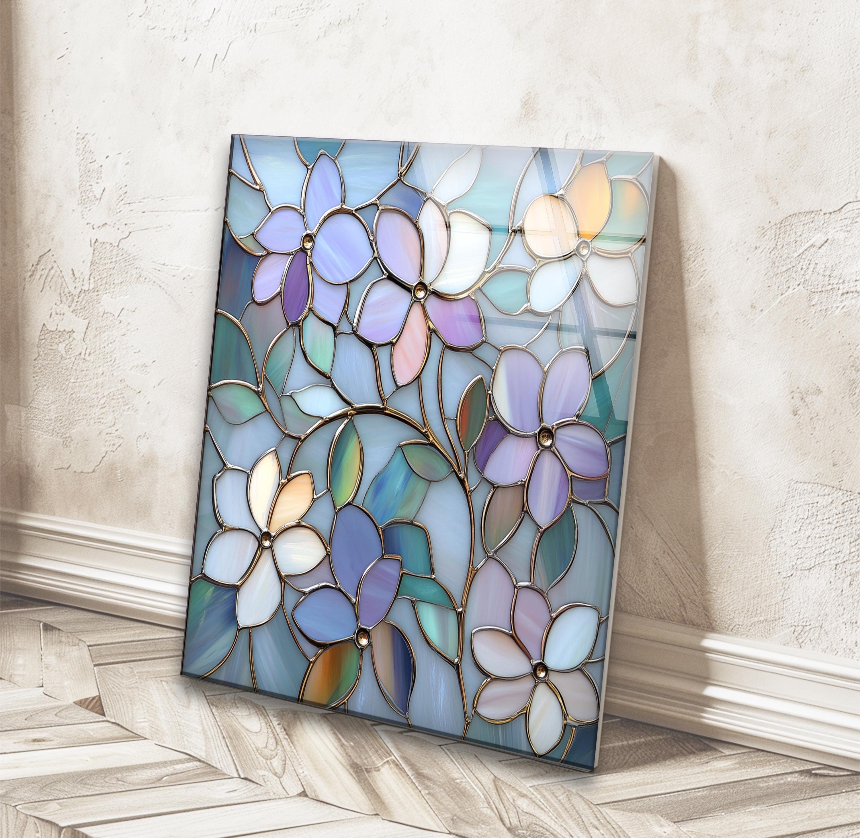 Floral Stained Glass Style Tempered Glass Wall Art, Modern Home Decor ...