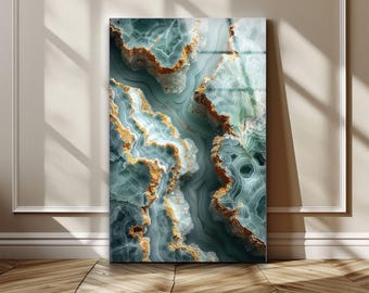 Teal Gold Geode Tempered Glass Wall Art, Abstract Aqua Stone Decor