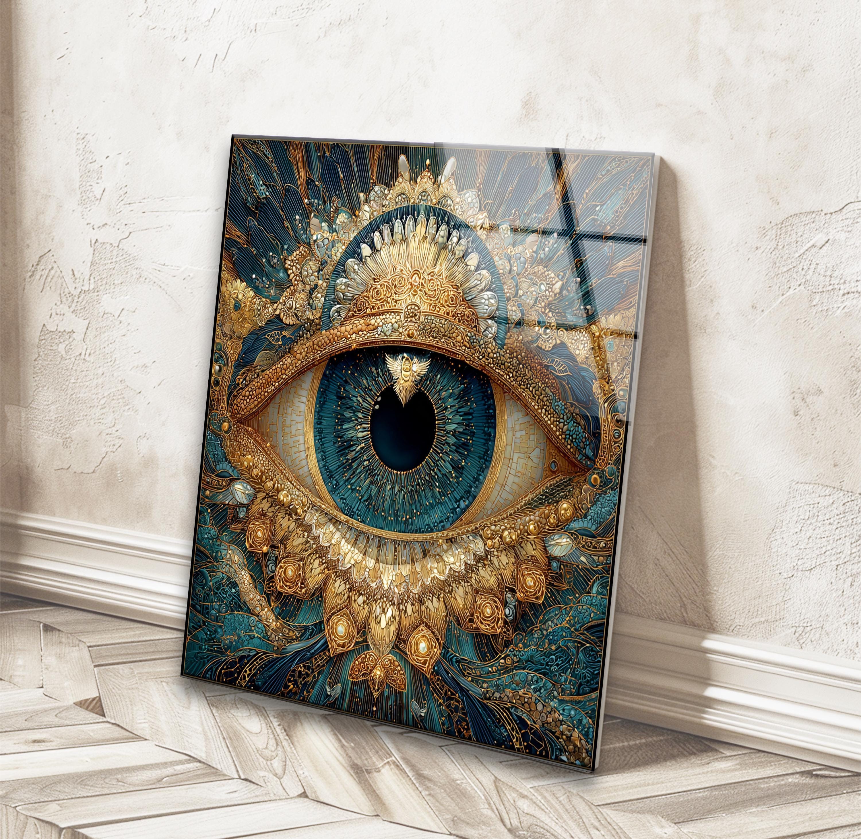 Gold Evil Eye Tempered Glass Wall Art: Blue Nazar Spiritual Home Decor