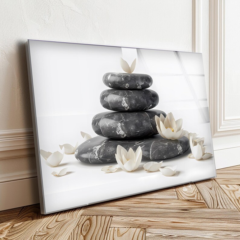 Zen Stones Tempered Glass Wall Art: Lotus Flower Spa Decor - Etsy