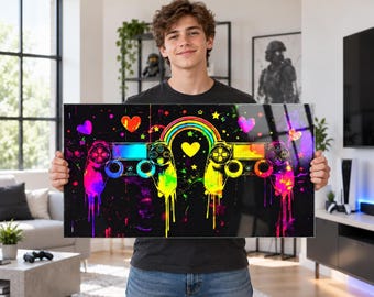 Neon Gaming Controller Tempered Glass Wall Art, Gamer Room Decor for Teens and Kids, Colorful Game Room Gift