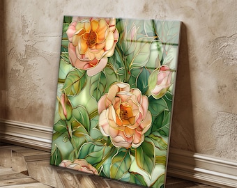 Vintage Floral Tempered Glass Wall Art, Botanical Wall Decor