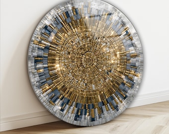 Rundes abstraktes Wandbild aus gehärtetem Glas, geometrisches Dekor in Gold und Silber