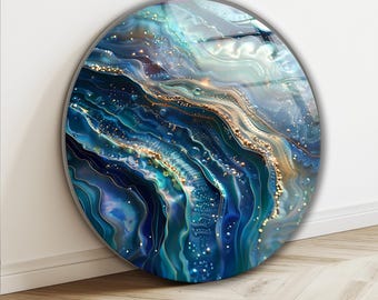Blue Abstract Marble Looking  Tempered Glass Wall Art: Modern Home Decor